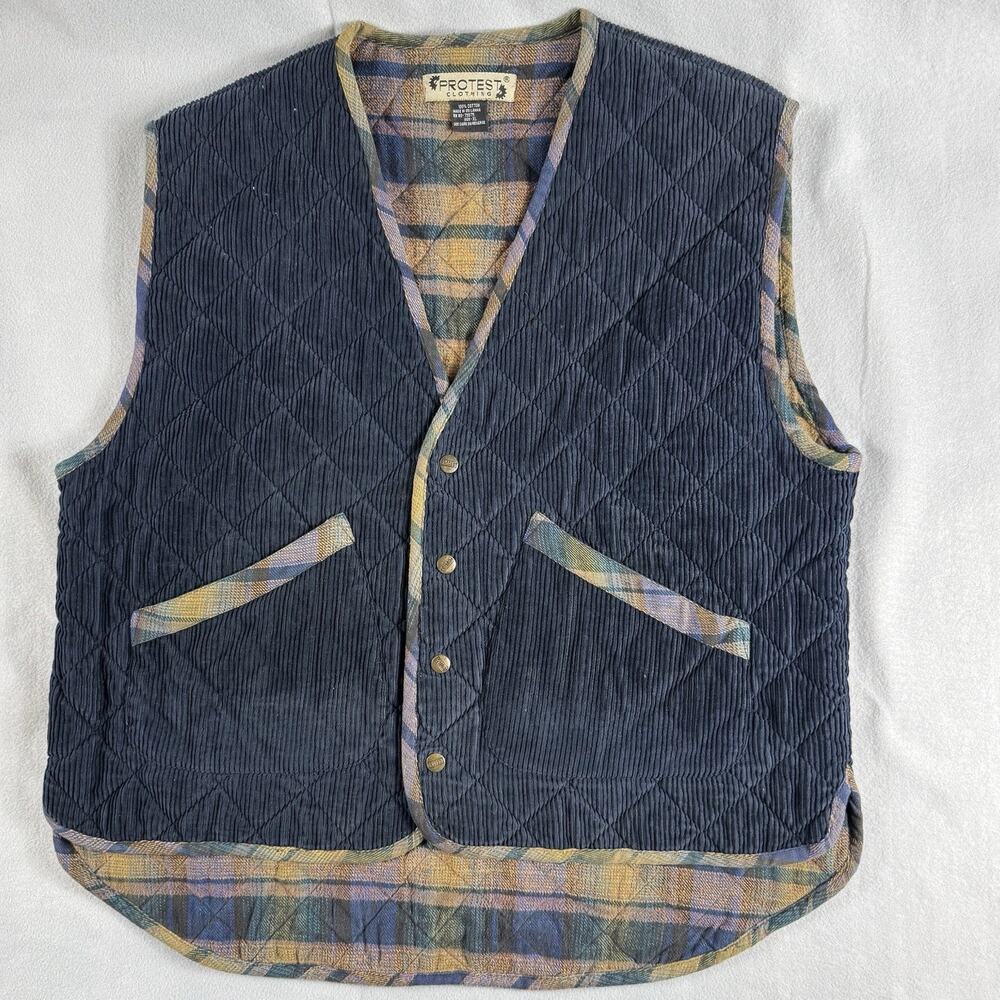 Protest Clothing Corduroy Quilted Vest Blue Plaid Flannel Lined 100% Cotton XL